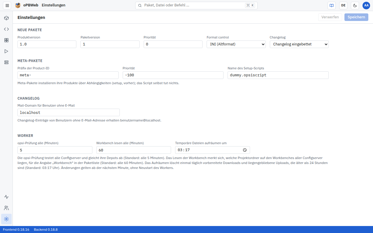 Einstellungen mit den Blöcken „Neue Pakete“, „Meta-Pakete“ und „Changelog“