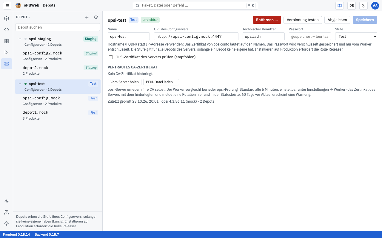 Ansicht Depots mit dem Formular eines Configservers