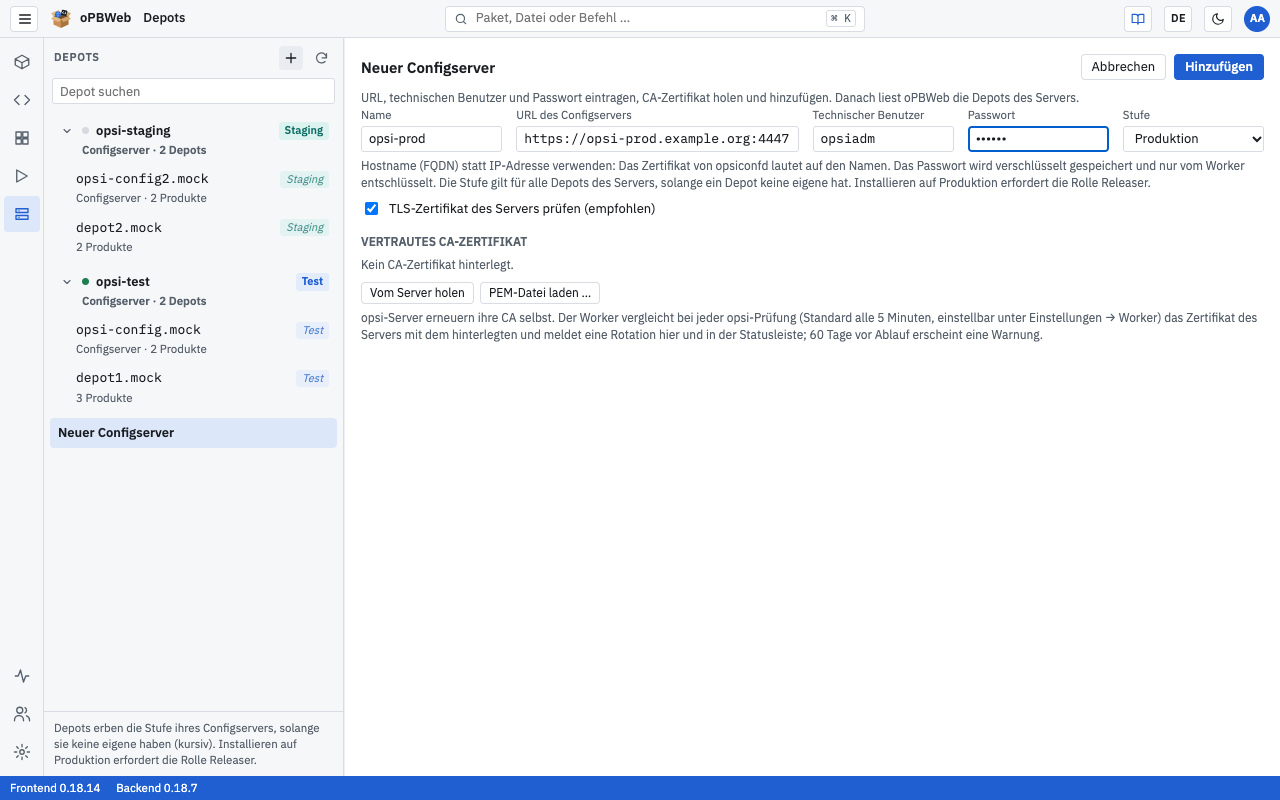 Ansicht Depots mit dem Formular „Neuer Configserver“