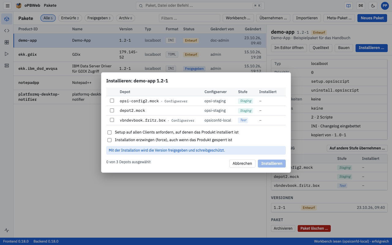 Dialog Installieren mit Depots, Configserver, Stufen und Optionen