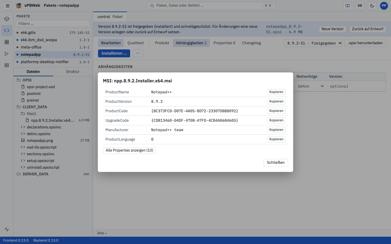 Dialog MSI-Informationen mit ProductCode und Kopieren-Knöpfen