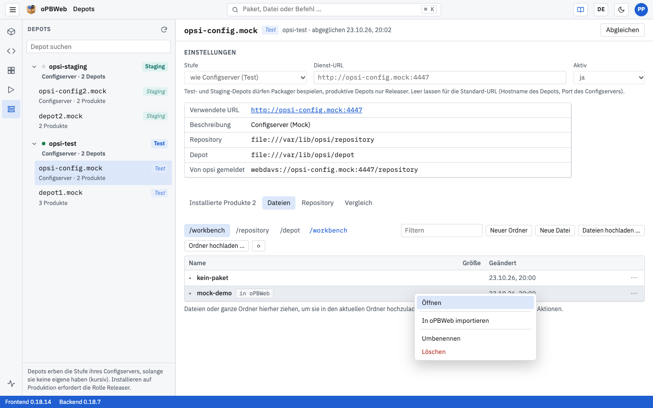 Dateimanager im Tab Dateien mit Kontextmenü in der Workbench