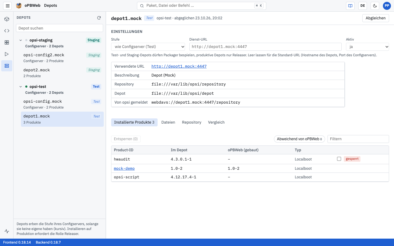 Tab Installierte Produkte mit Versionsvergleich und gesperrtem Produkt