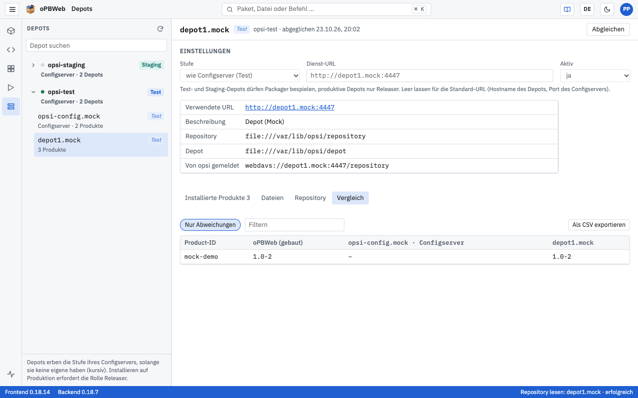Tab Vergleich mit oPBWeb, Configserver und dem ausgewählten Depot