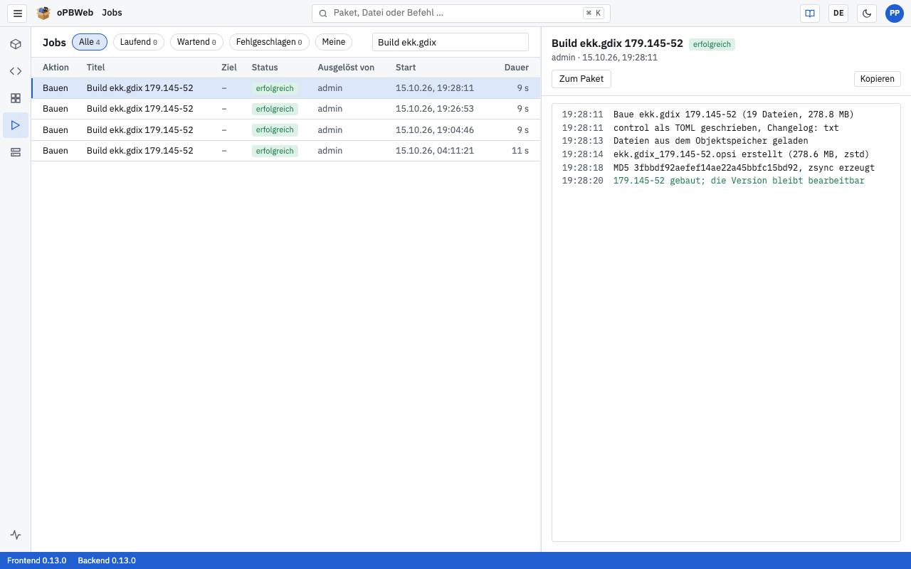 Jobliste mit Filterchips und Detailbereich mit Live-Protokoll