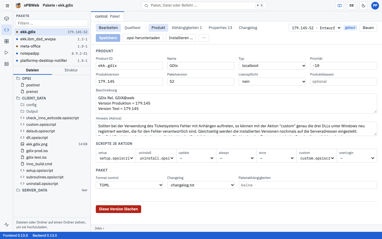 Abschnitt Produkt mit Produktangaben, Scripten je Aktion und Paketformat