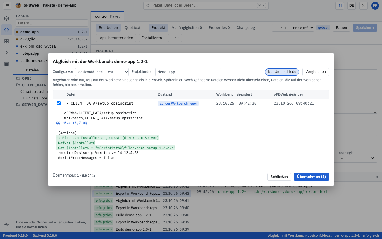 Abgleich mit der Workbench mit aufgeklapptem Unterschied einer Script-Datei