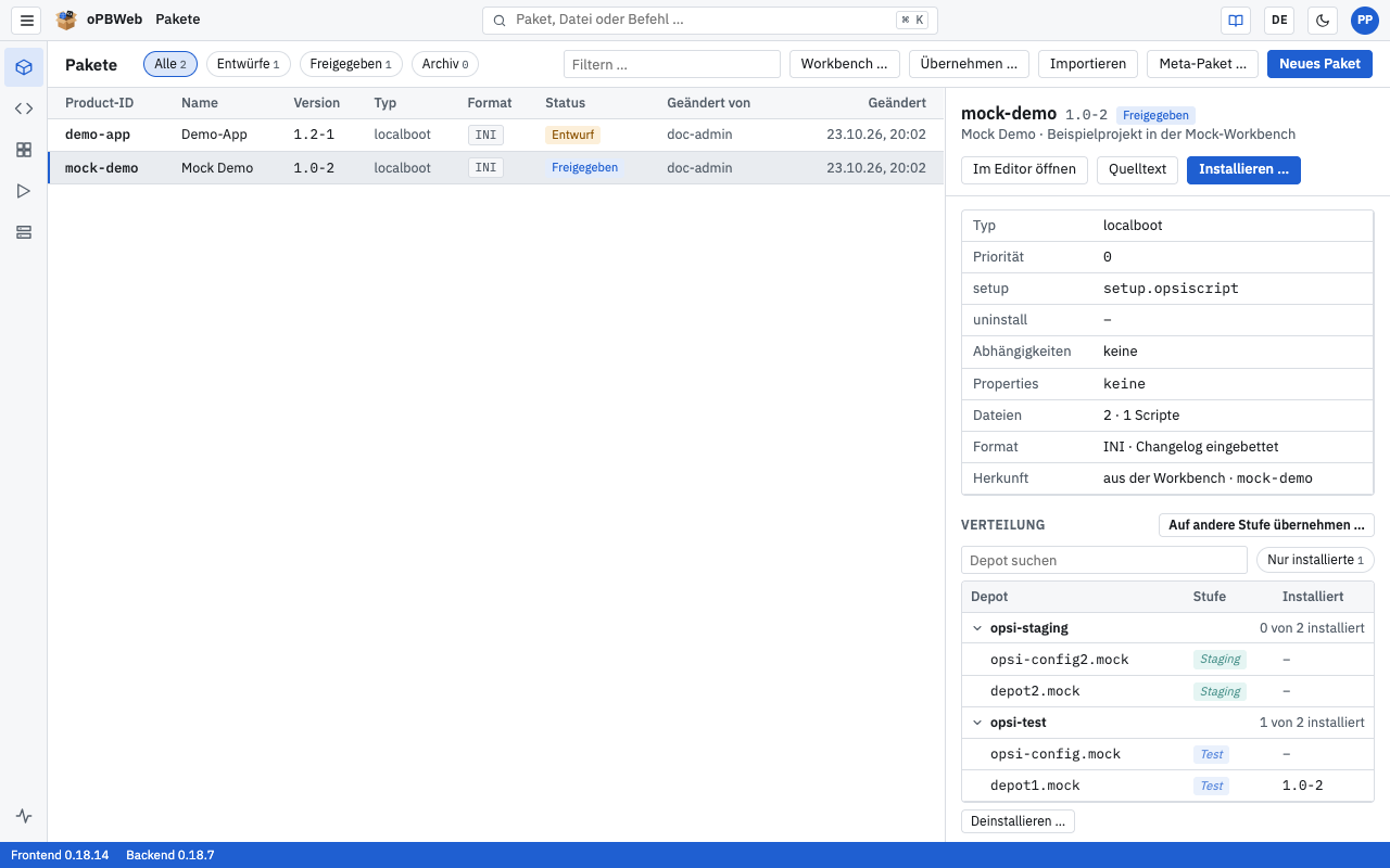 Paketliste mit Statusfiltern, Tabelle und Paketdetails rechts