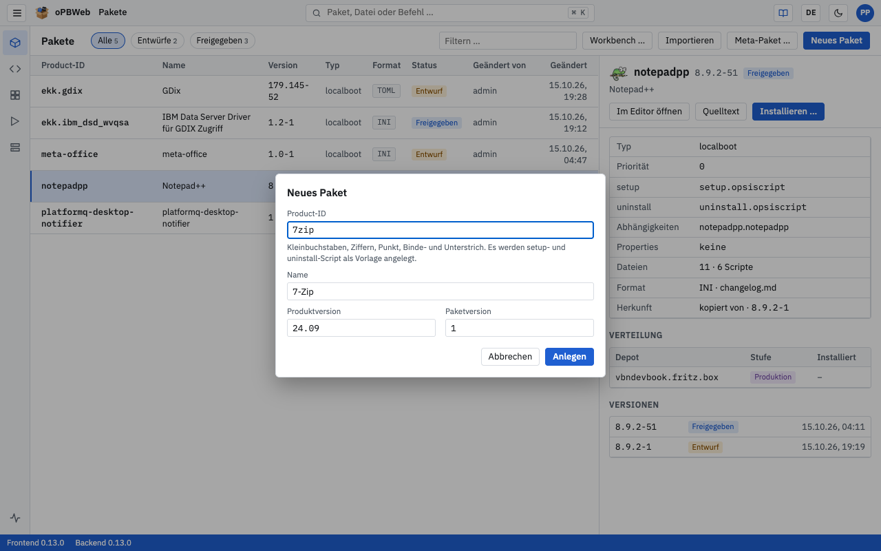 Dialog Neues Paket mit Product-ID, Name, Produktversion und Paketversion