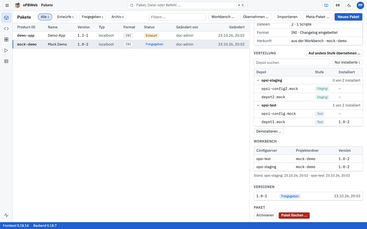 Detailbereich eines Pakets mit gruppierter Verteilung und dem Abschnitt Workbench