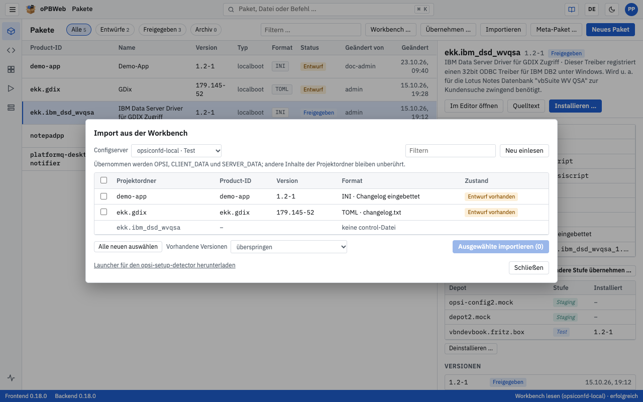 Dialog „Import aus der Workbench“ mit Auswahl des Configservers und Zustand je Projekt