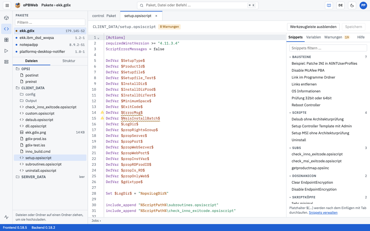 Scripteditor mit geöffnetem opsi-Script und Seitenleiste Snippets