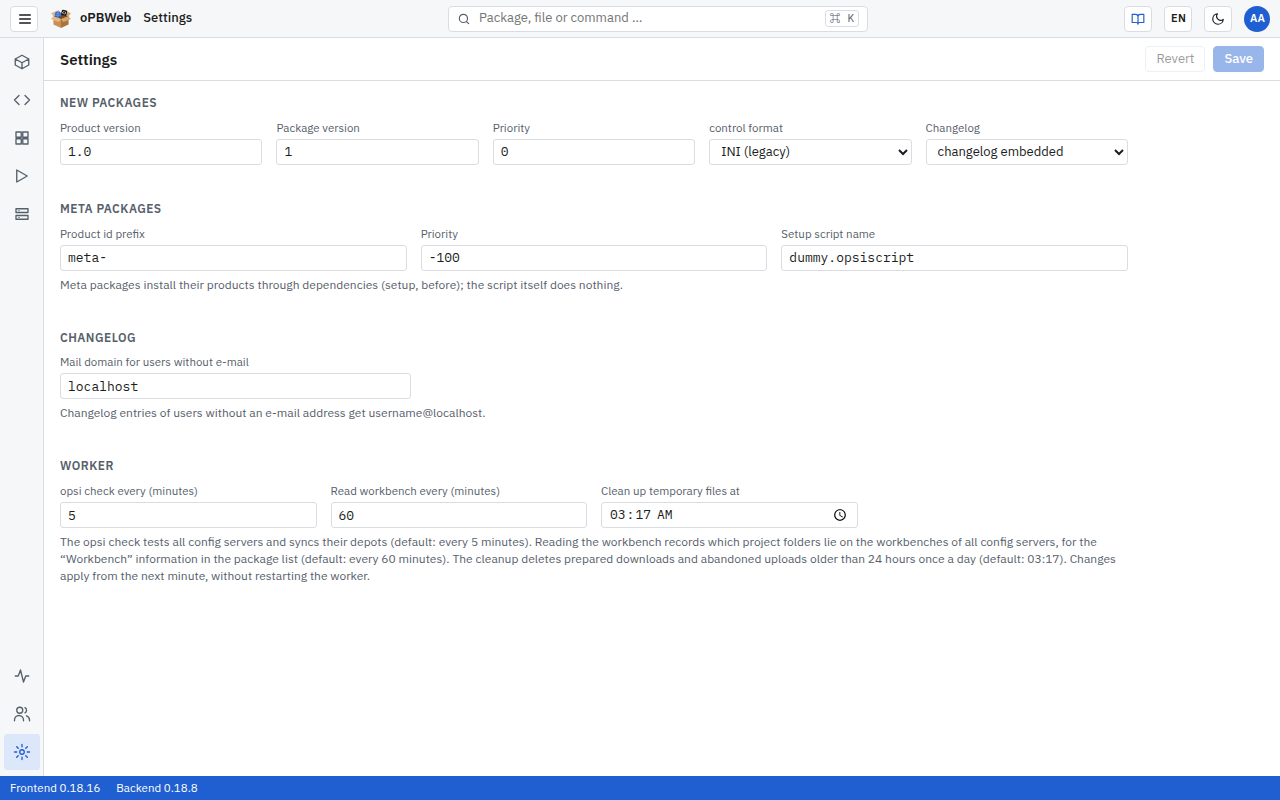 Settings with the “New packages”, “Meta packages” and “Changelog” blocks