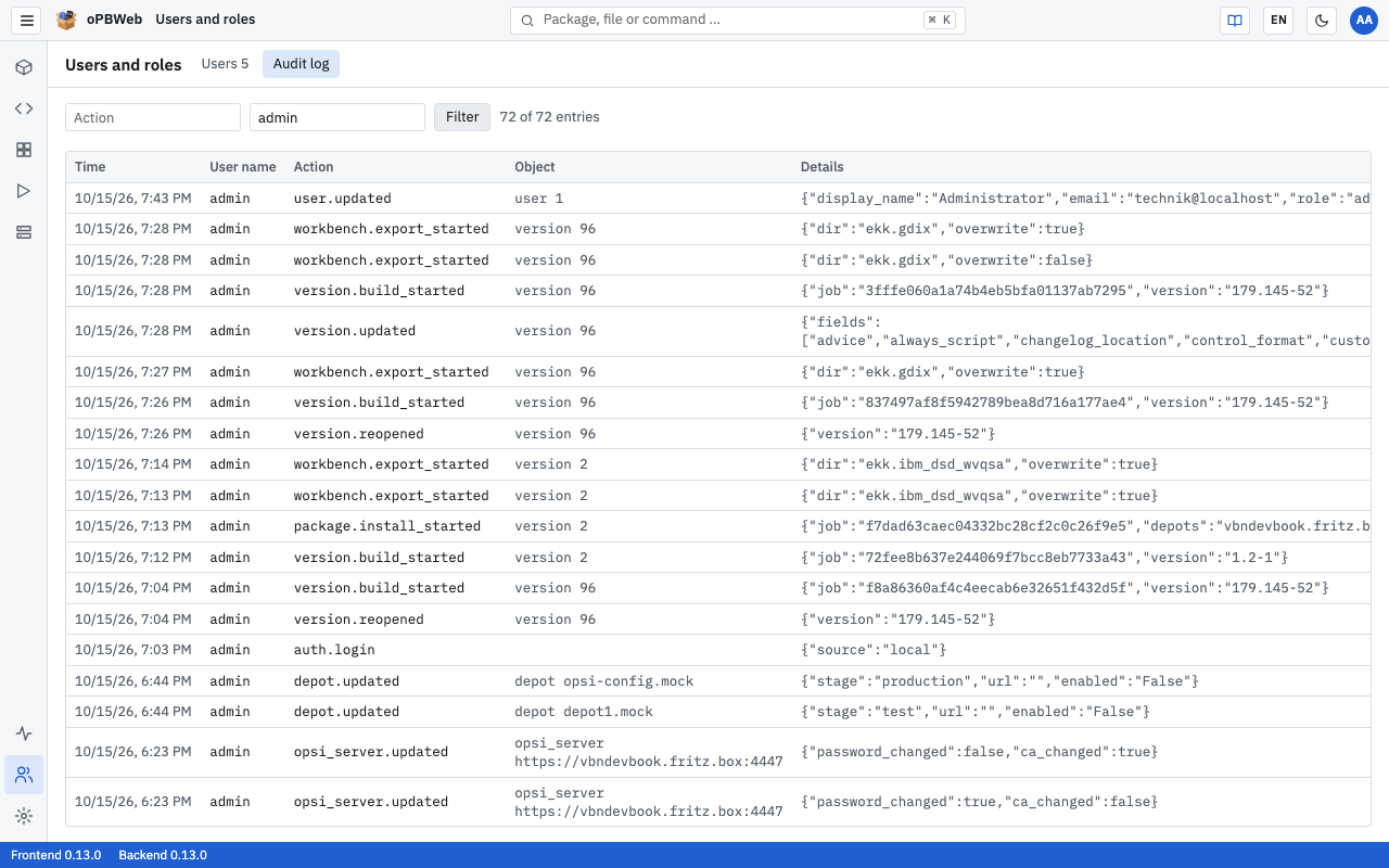 “Audit log” tab with filter fields and entries
