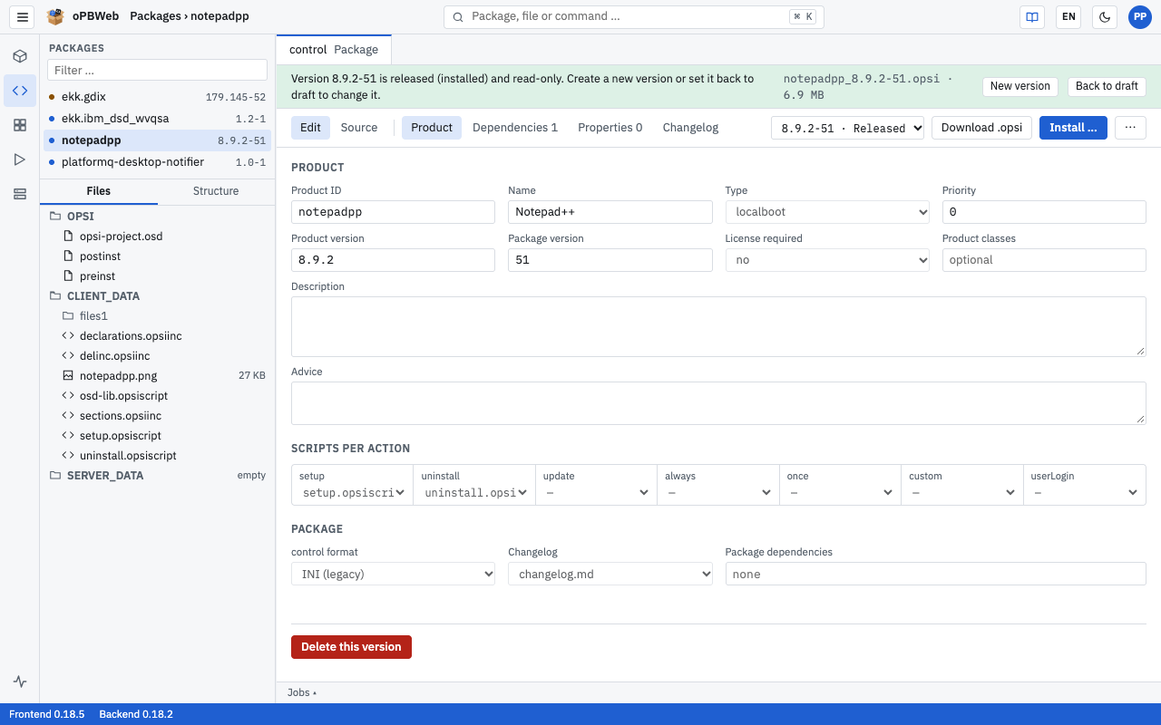 Released version with the notice and the New version and Back to draft buttons