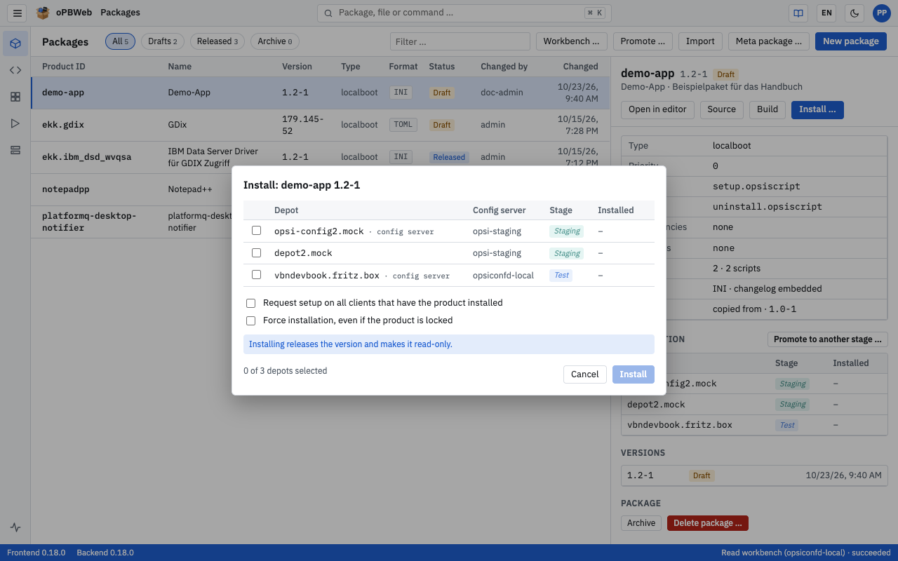 Install dialog with depots, config server, stages and options