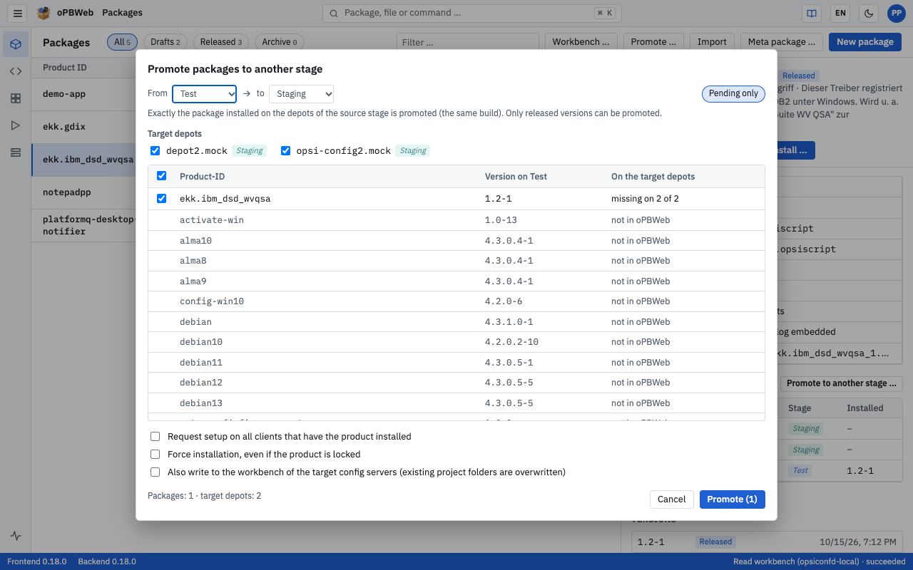 “Promote packages to another stage” dialog from Test to Staging