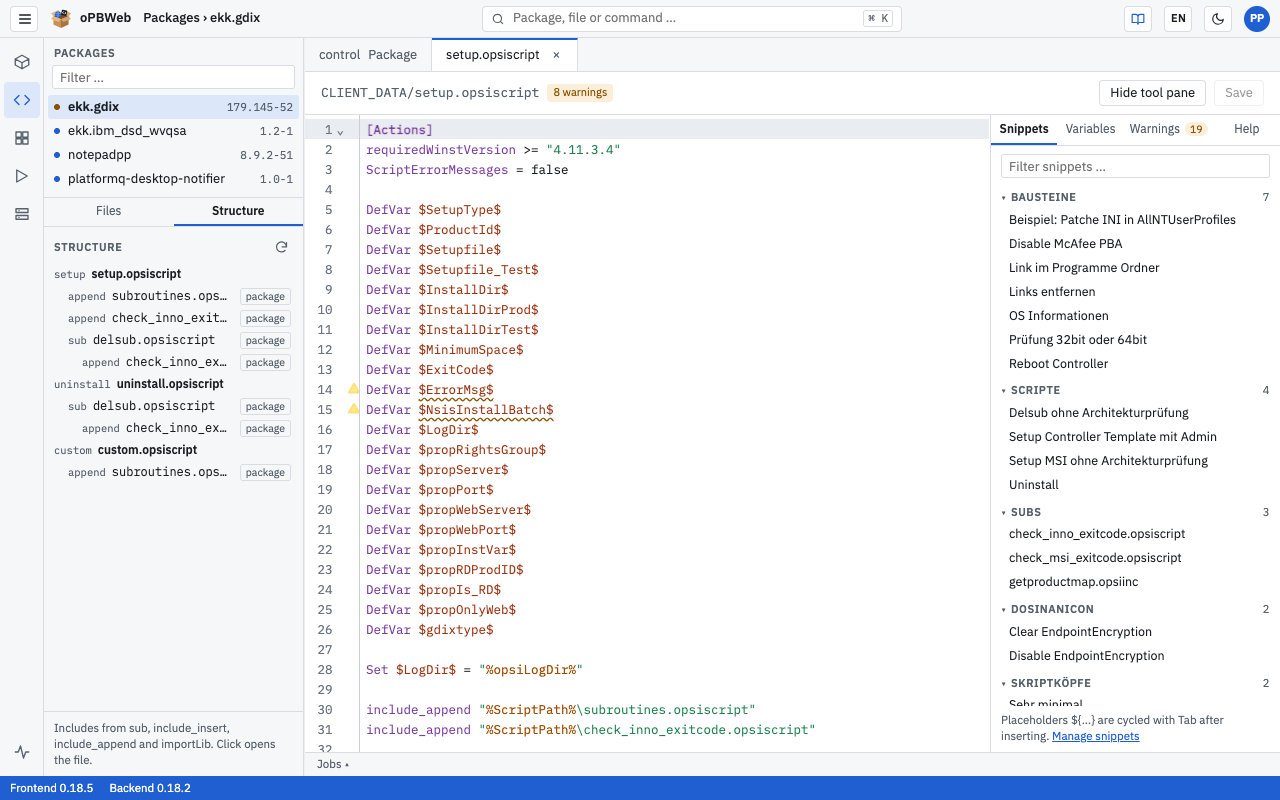 Structure tab with action scripts and included files