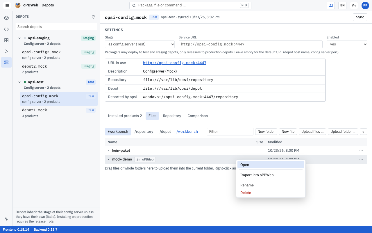 File manager in the Files tab with the context menu in the workbench
