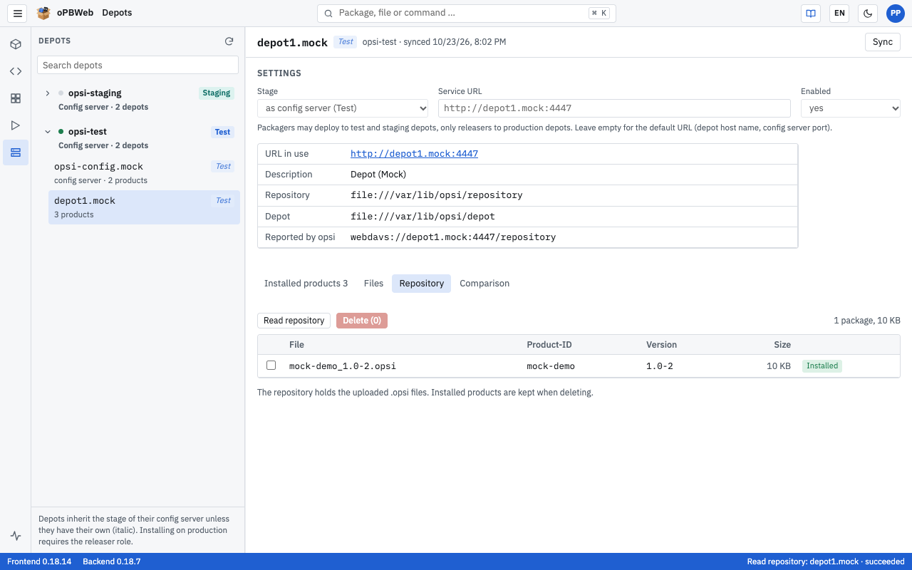 Repository tab after &ldquo;Read repository&rdquo; with the .opsi files of the depot