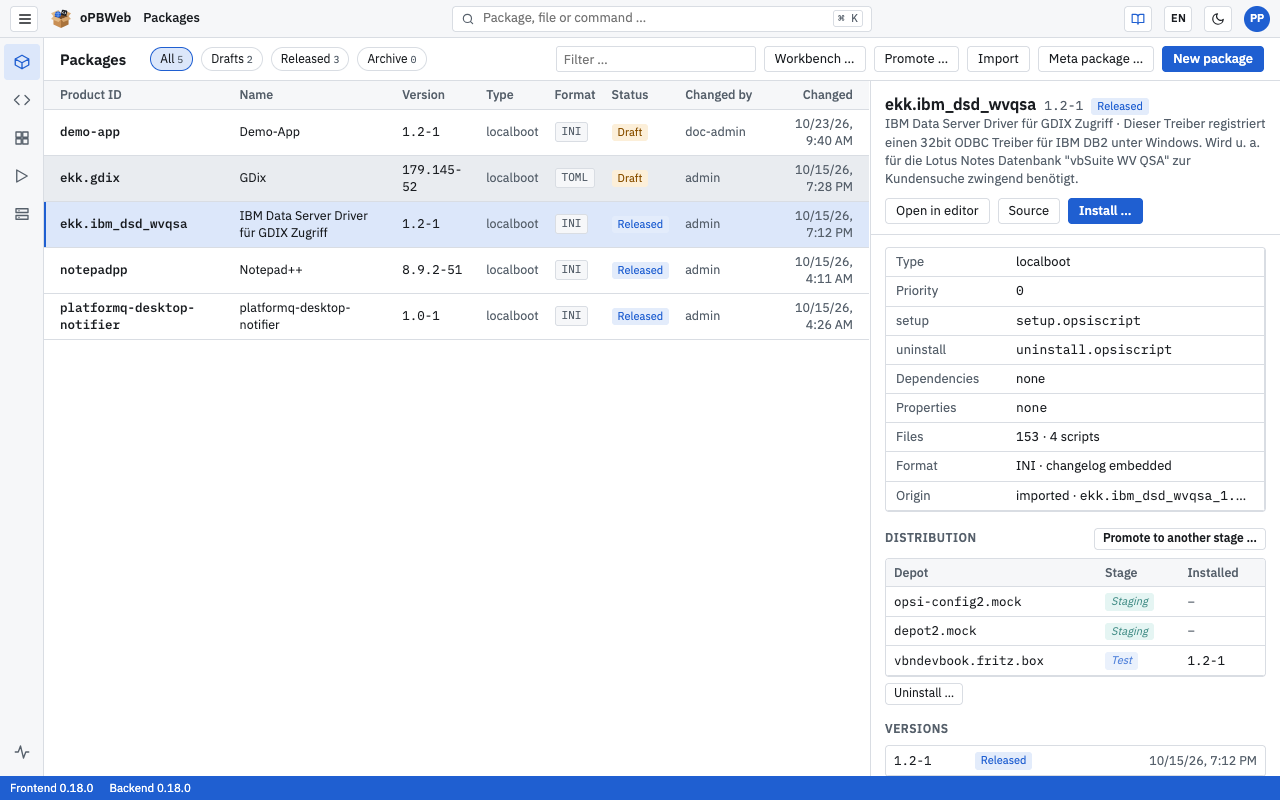 oPBWeb interface with top bar, navigation bar, package list and status bar