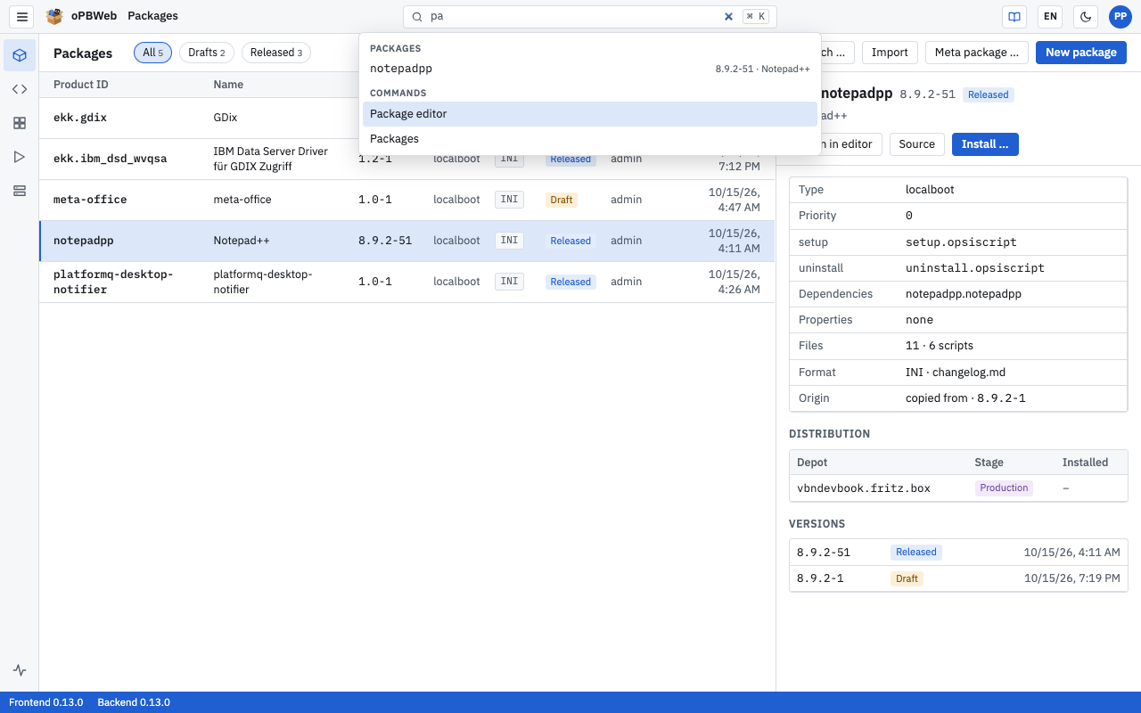 Open search with results in the Packages and Commands groups