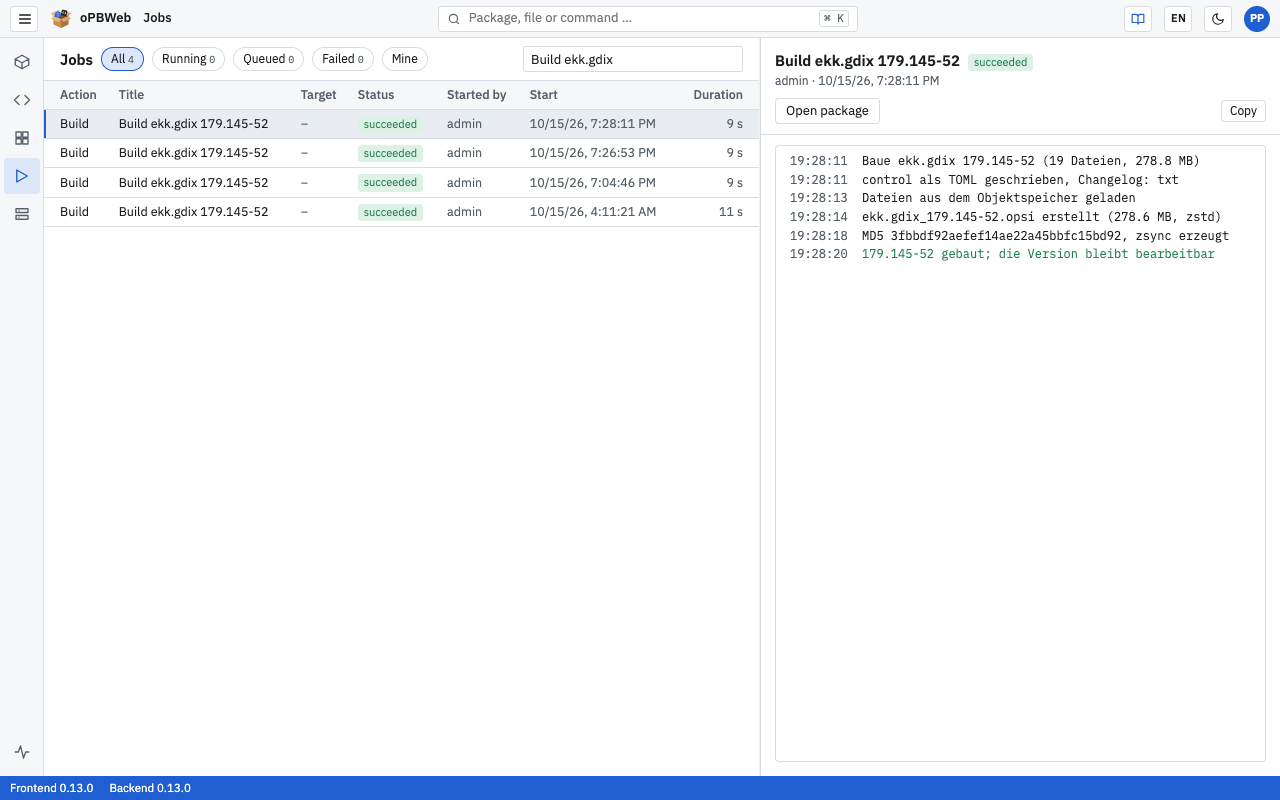 Job list with filter chips and detail area with live log