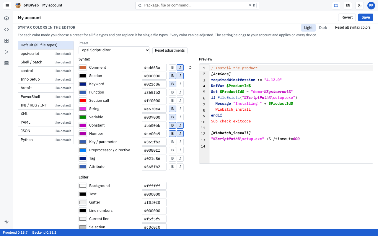 Syntax colors in the editor: default with the preset opsi ScriptEditor, comment additionally italic, the preview beside it