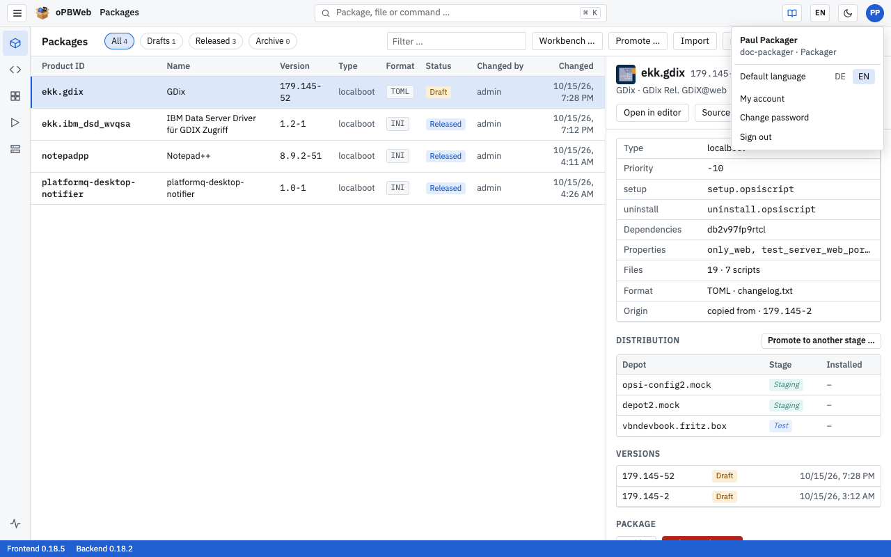 Open user menu with Default language, My account, Change password and Sign out