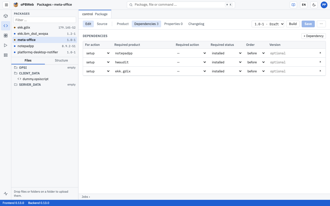 Dependencies section of a meta package with three entries