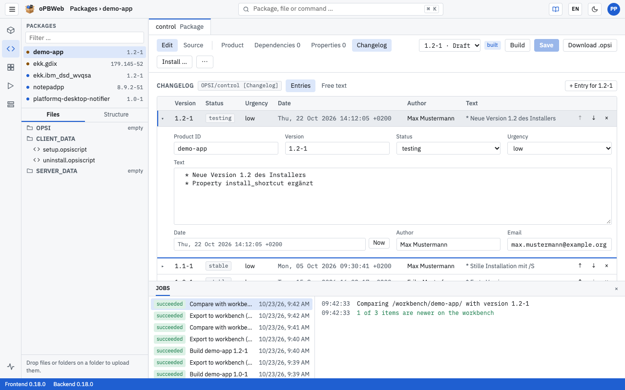 Changelog section in the Entries view with an expanded entry