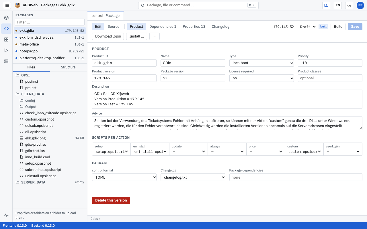 Product section with product information, scripts per action and package format