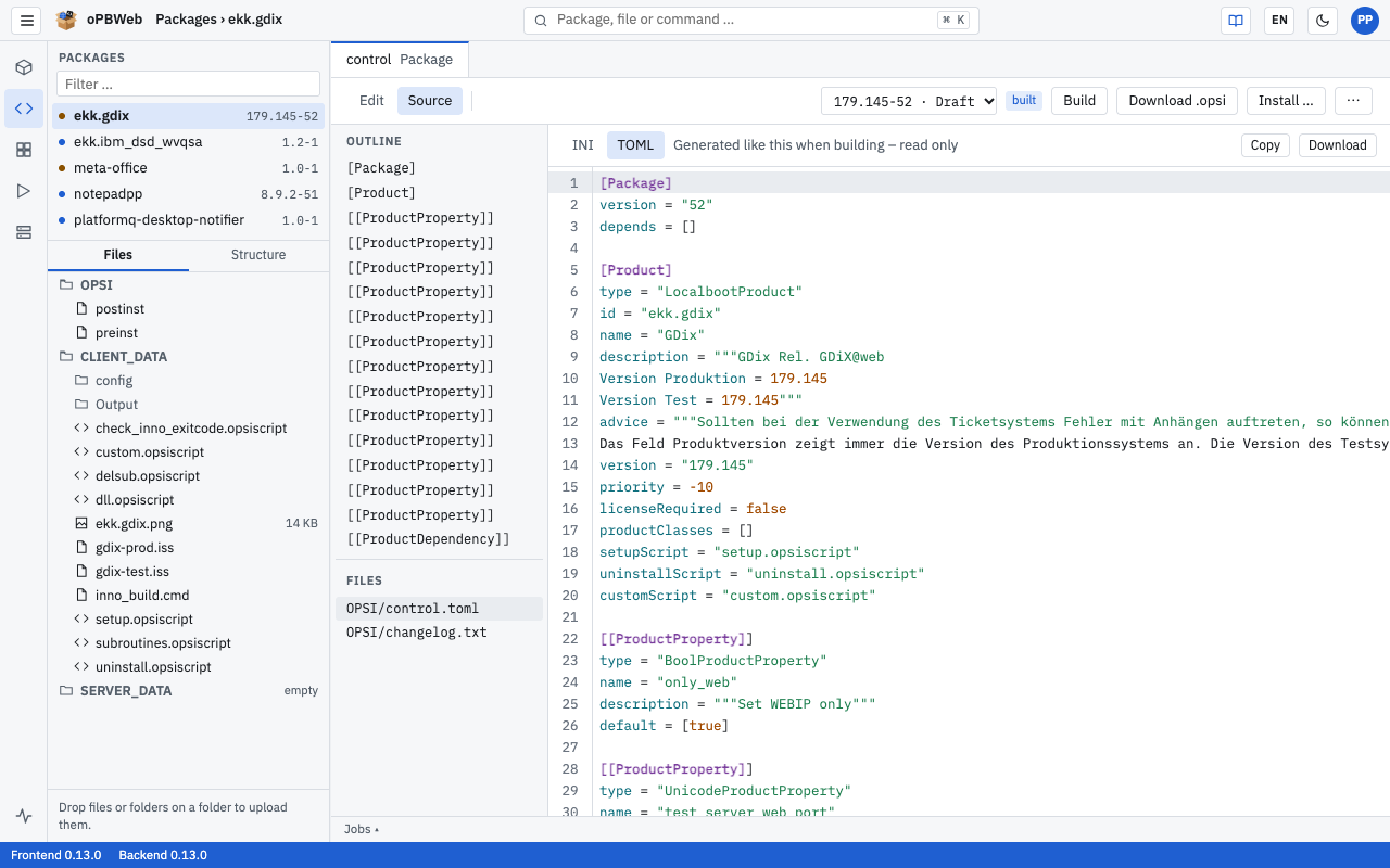 Source view with outline on the left and INI/TOML switch