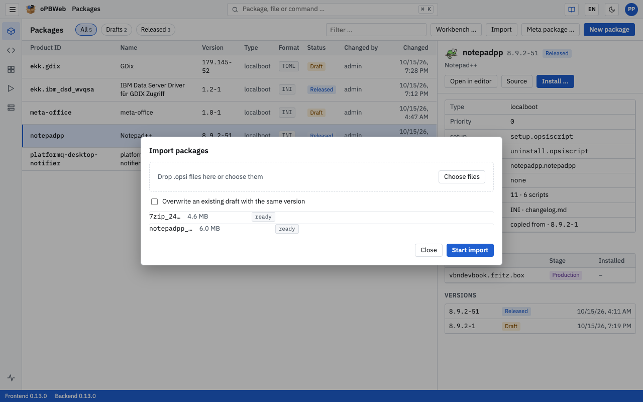 Import packages dialog with two selected .opsi files