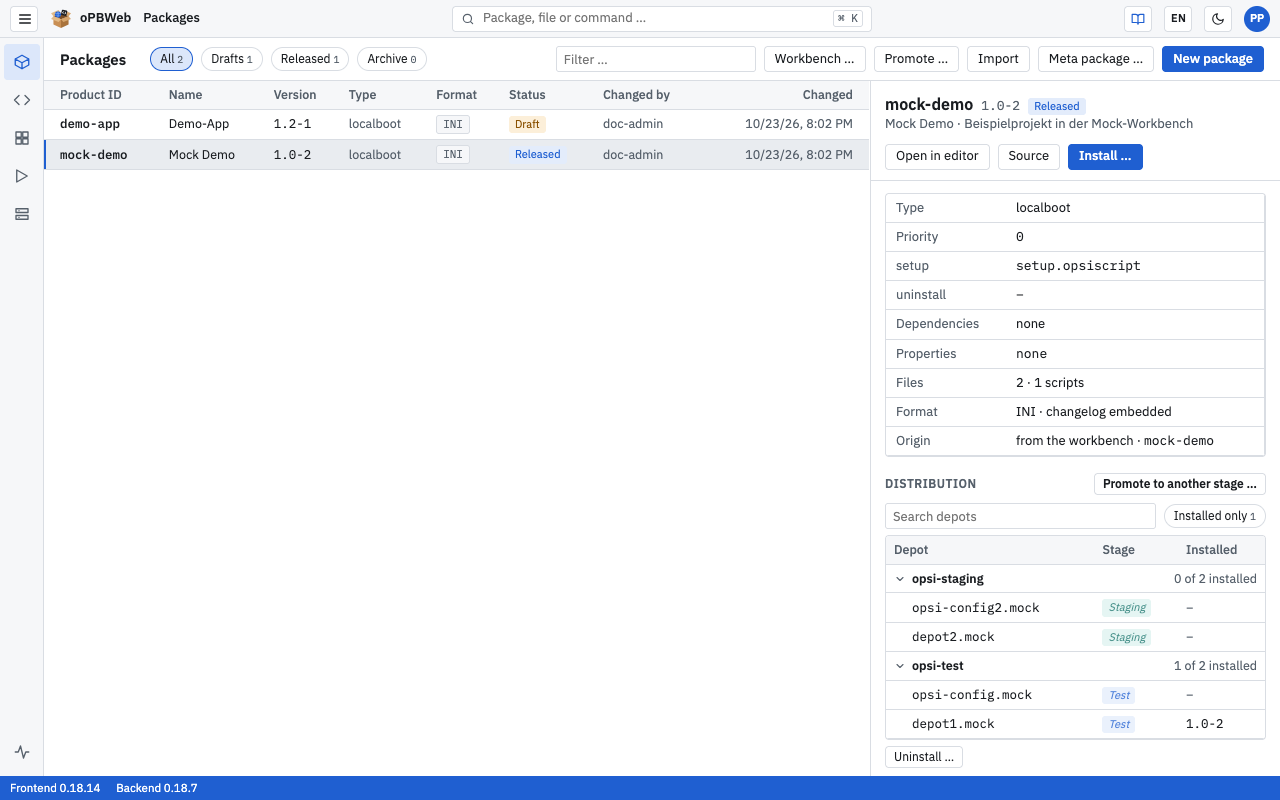 Package list with status filters, table and package details on the right