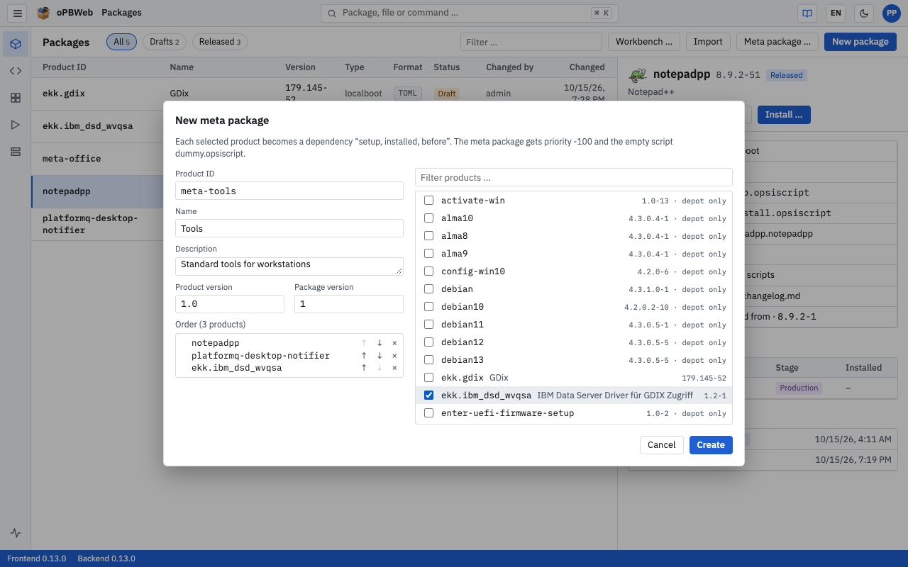 New meta package dialog with product selection on the right and order on the left