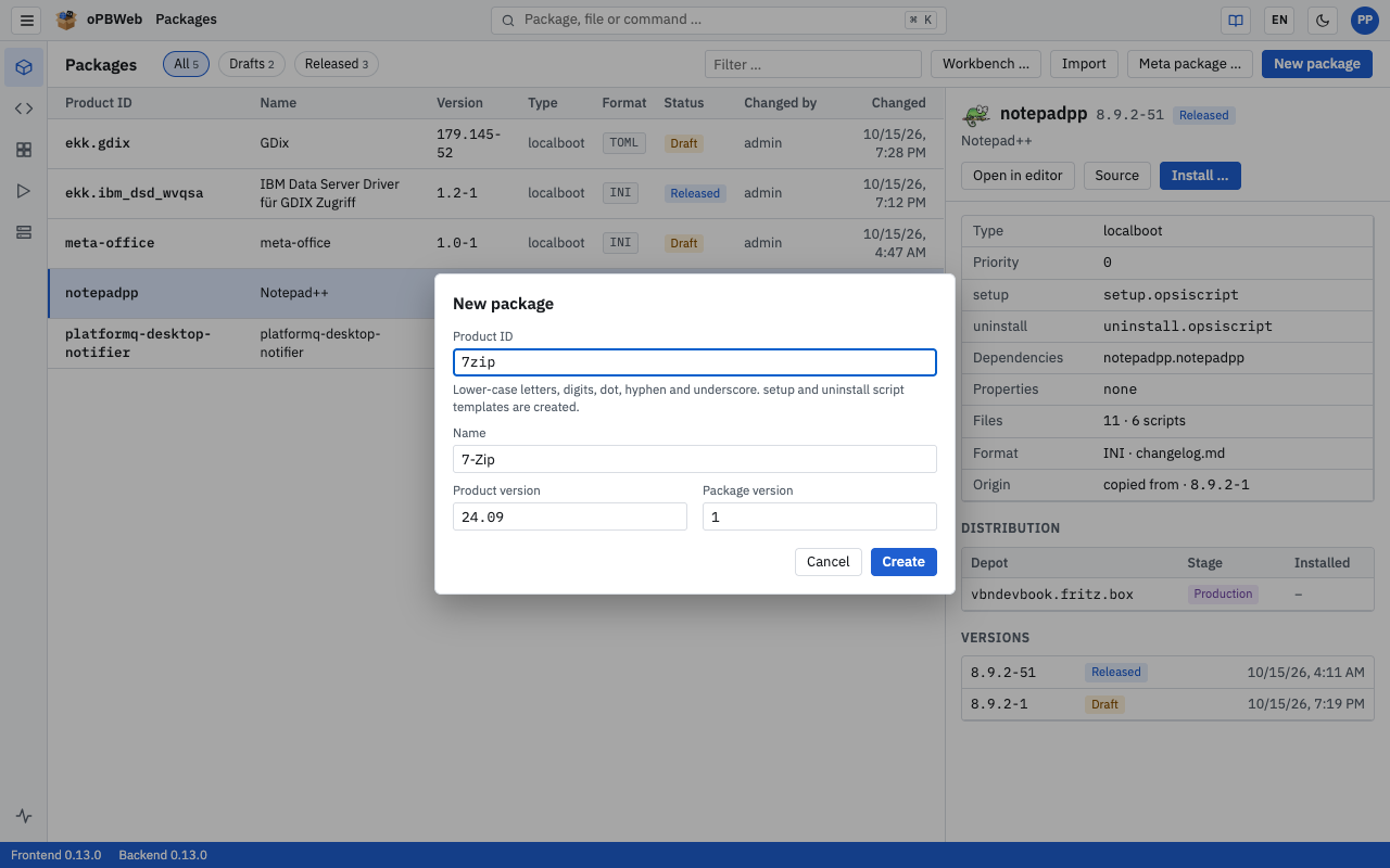 New package dialog with product ID, name, product version and package version