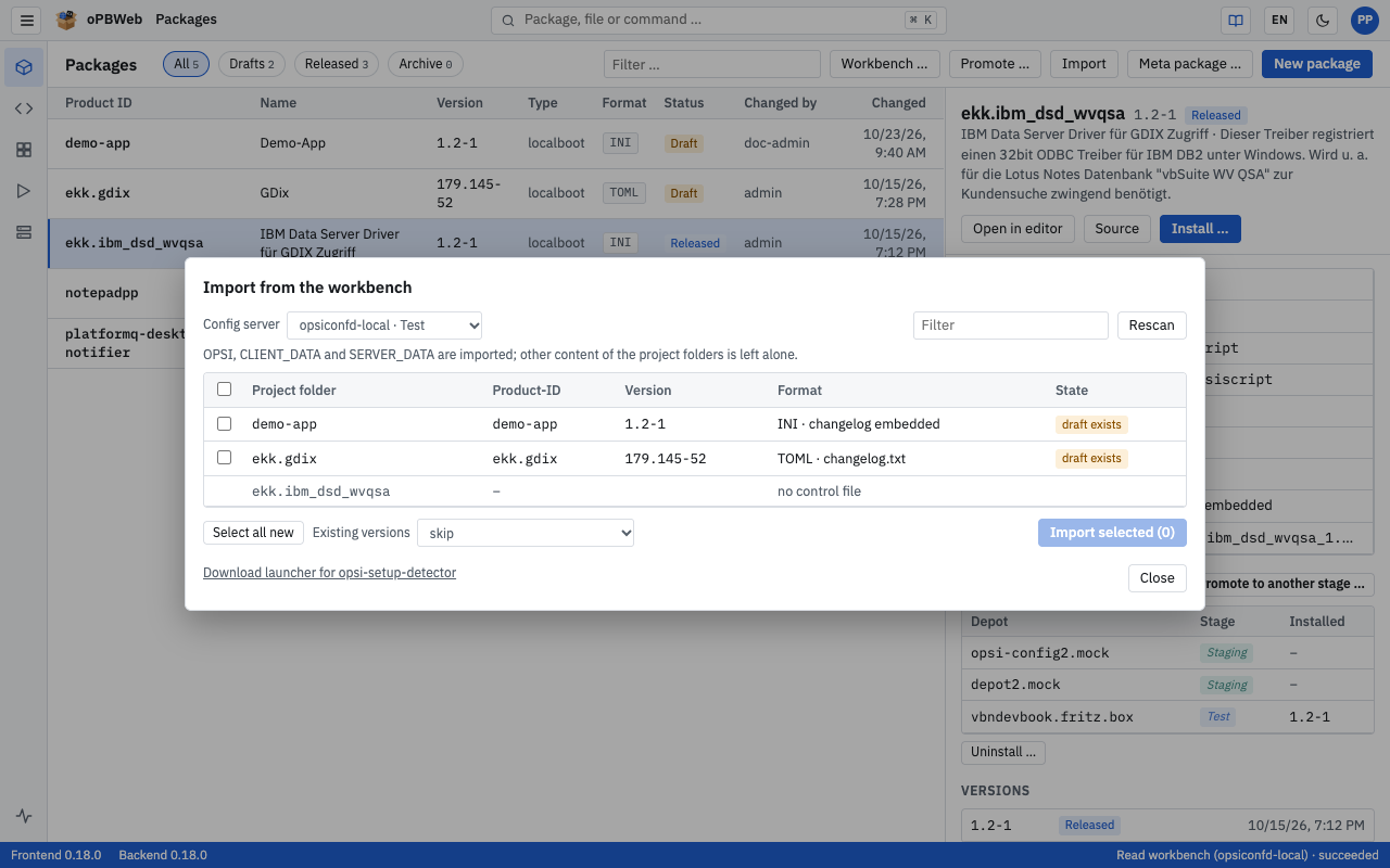 “Import from the workbench” dialog with the config server choice and the state of each project