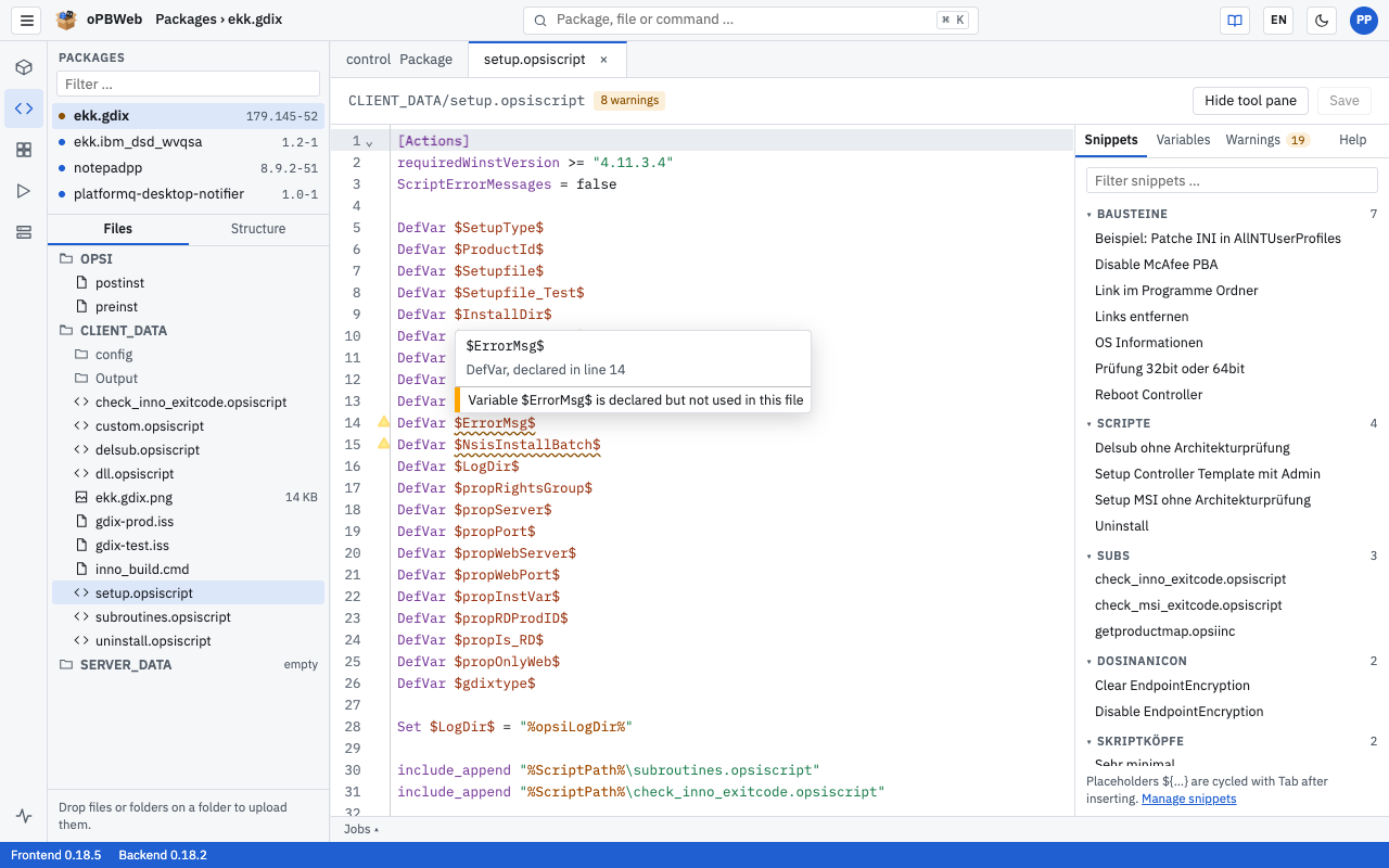 Diagnostics in the editor with a highlighted warning