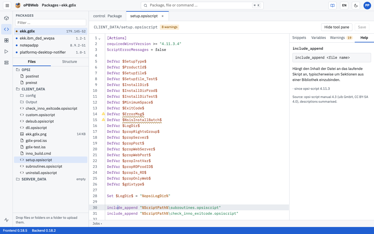 Help side pane with the description of an opsi-script command