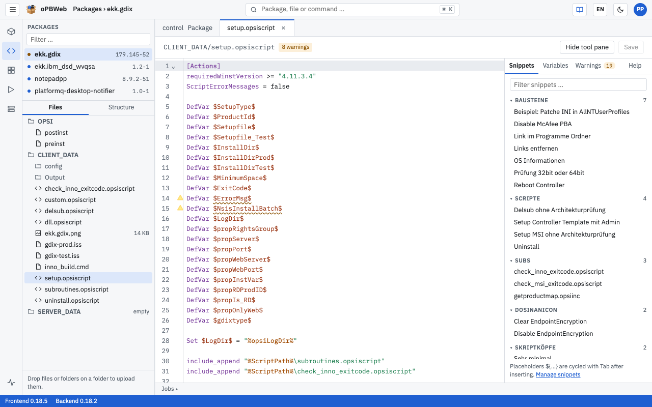 Script editor with an open opsi script and the Snippets side pane