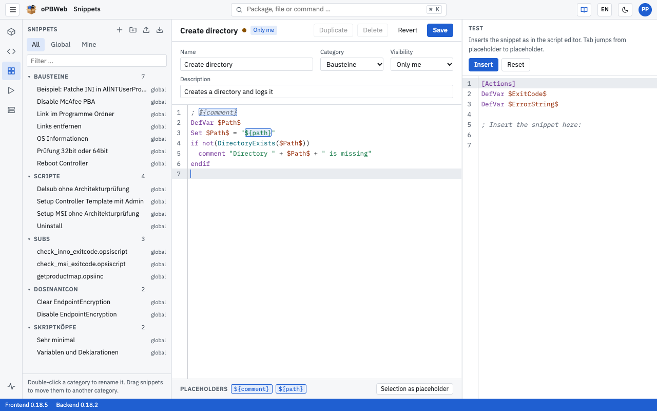 Snippet in edit mode with placeholders and test area