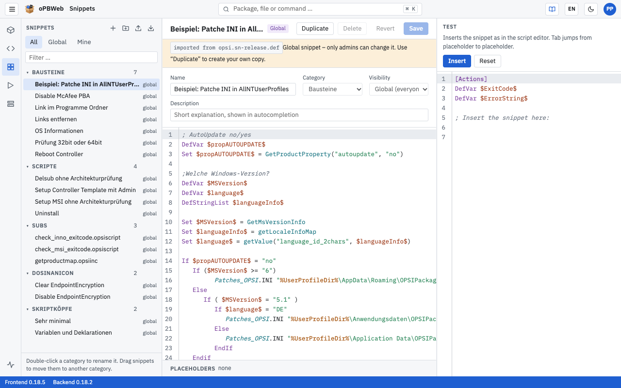 Snippets view with category tree, editor and test area